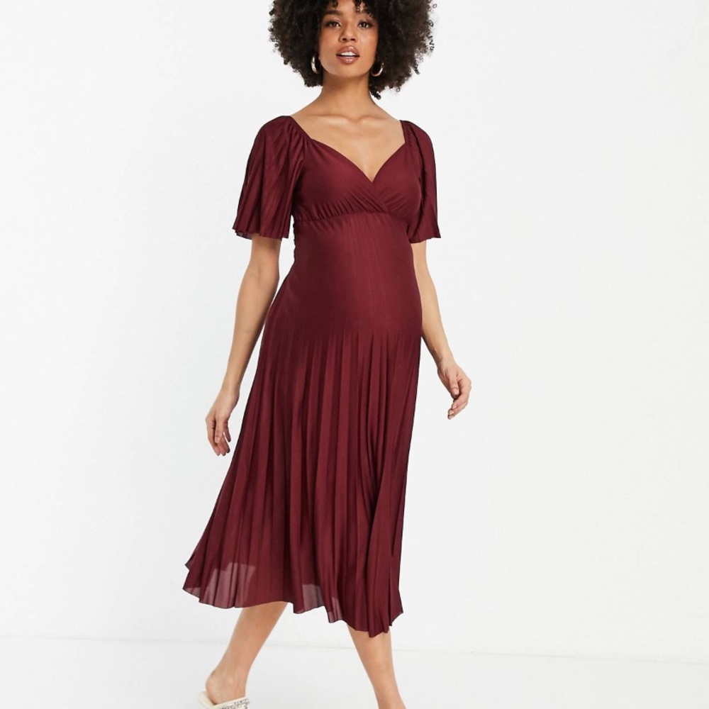 ASOS maternity Sz US 6 pleated twist back cap sleeve midi dress in dark red